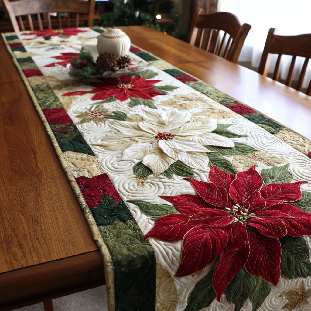 Poinsettia Panels Green quilted table runner – poinsettias framed in green