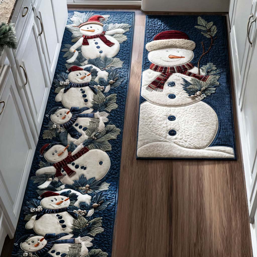 Winter Buddy kitchen mat set – snowmen on navy