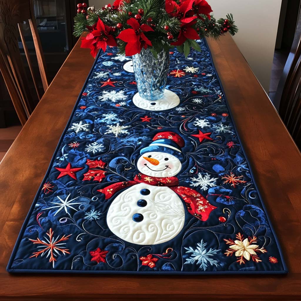 Snowman Snowflakes quilted table runner – snowman among snowflakes