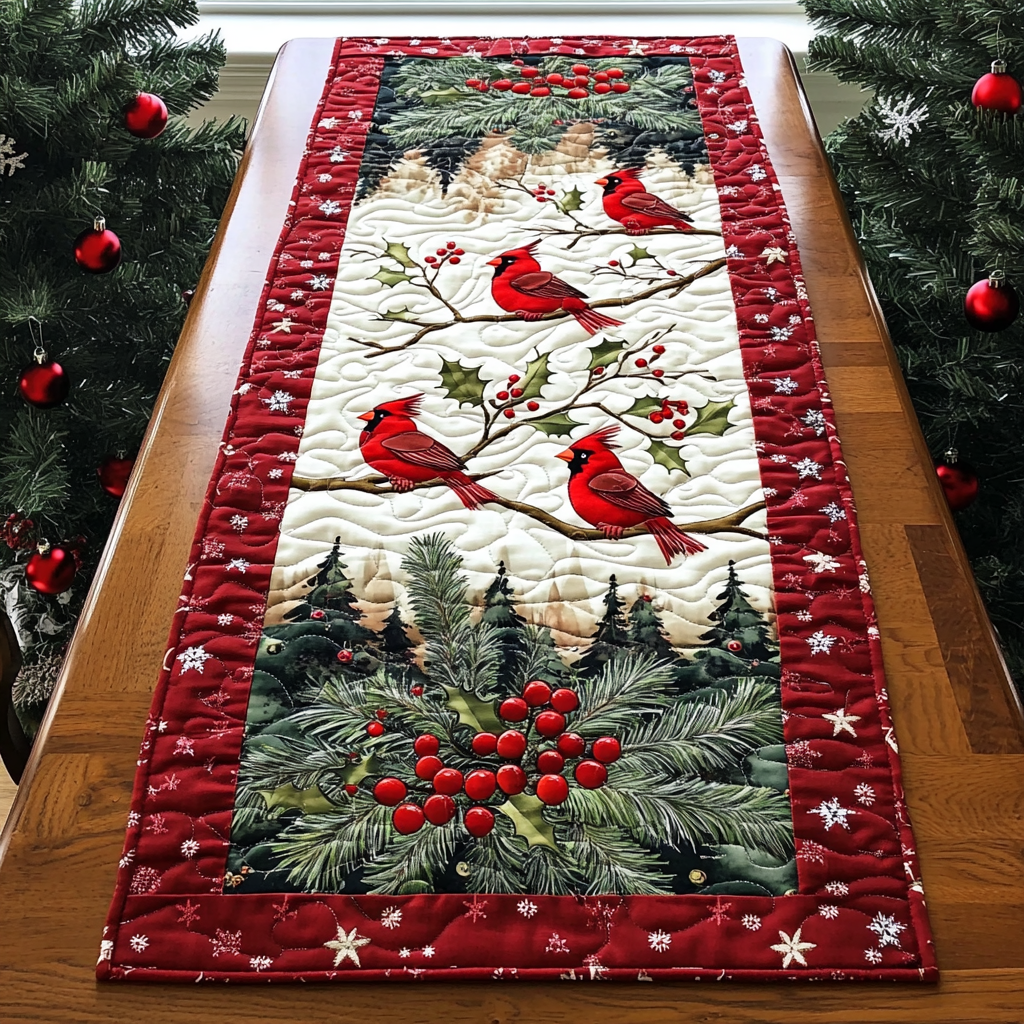 Cardinal Pines quilted table runner – cardinals among pines
