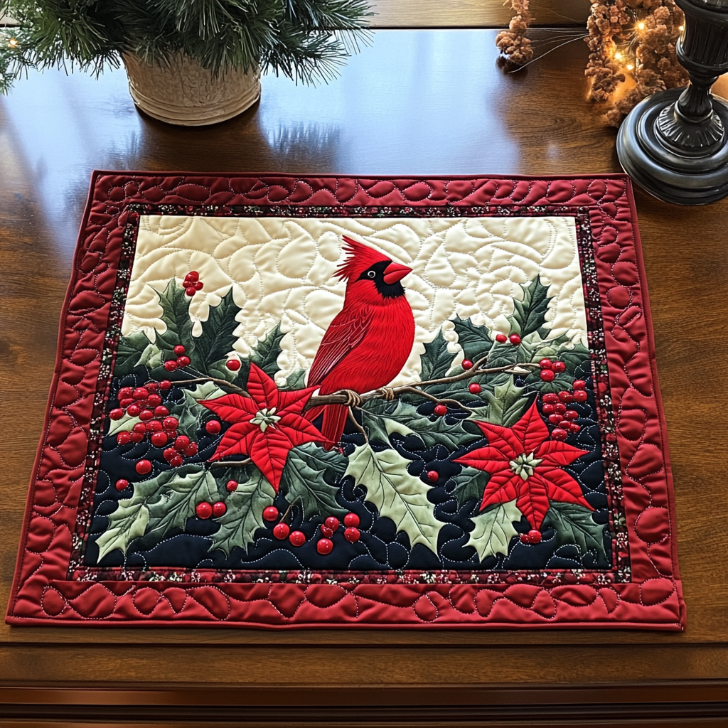Winter Cardinal Whisper quilted placemats – cardinal and poinsettias