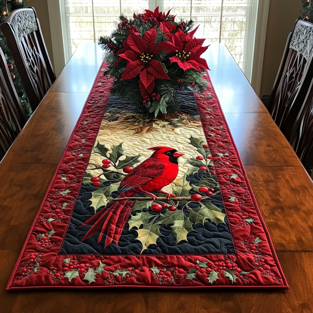 Cardinal Holly Navy quilted table runner – cardinal among holly on navy
