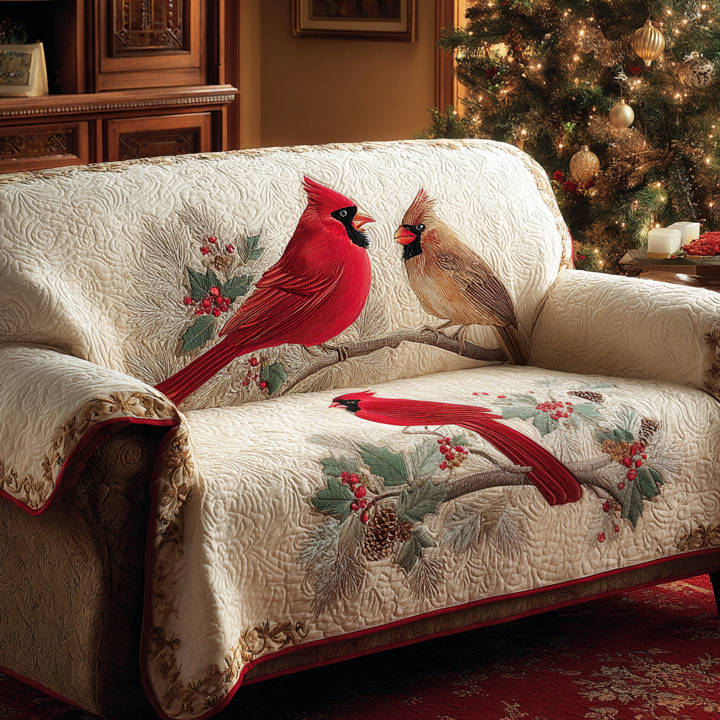 Winter Cardinal Pair quilted sofa cover – cardinal pair on a berry branch