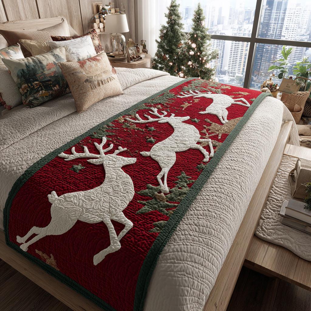 Leaping Reindeer quilted bed runner – white reindeer on rich red