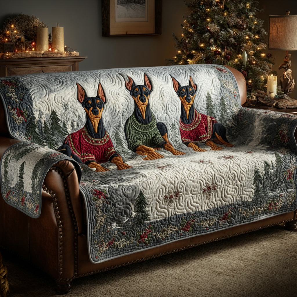 Doberman Jumpers quilted sofa cover – dobermans in festive jumpers