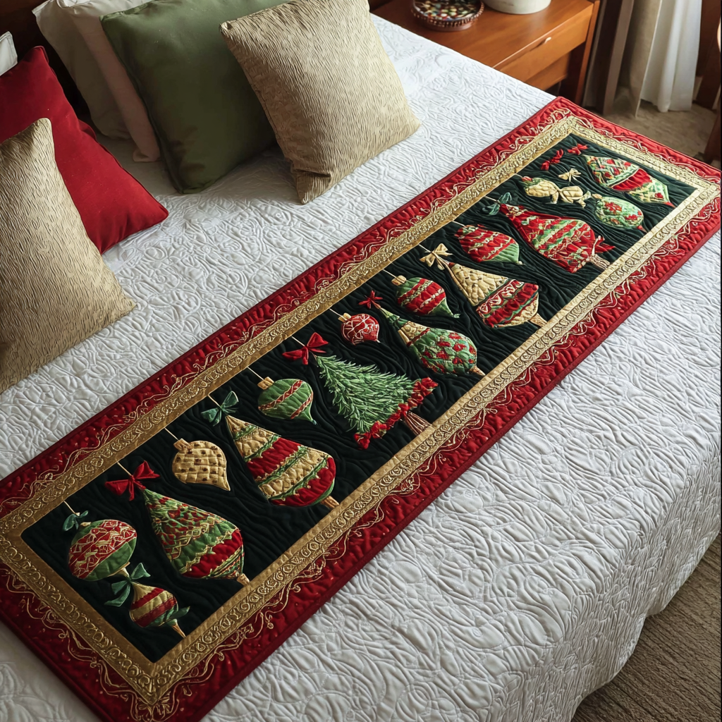 Christmas Ornaments on Black quilted bed runner – trees, bells and baubles on black