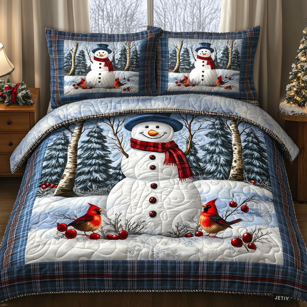 Snowman and Robins quilted bedspread set – snowman with robins and a navy plaid border