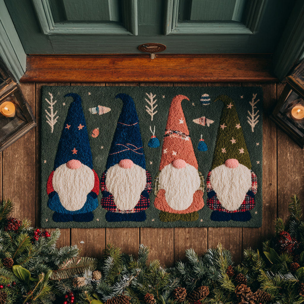 Winter Gnome Quartet doormat – four winter gnomes