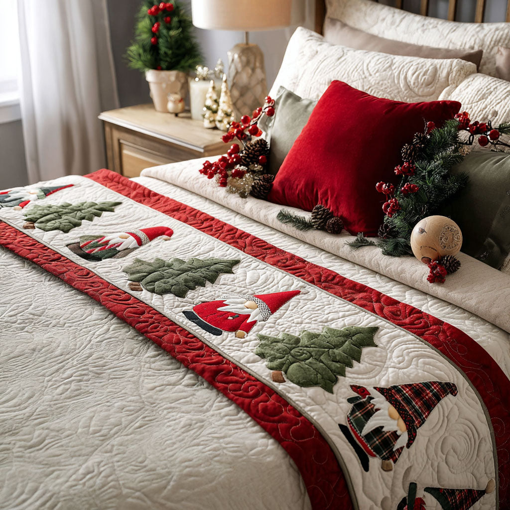 Gnomes and Pines quilted bed runner – gnomes and green pines framed in red