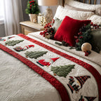 Gnomes and Pines quilted bed runner – gnomes and green pines framed in red