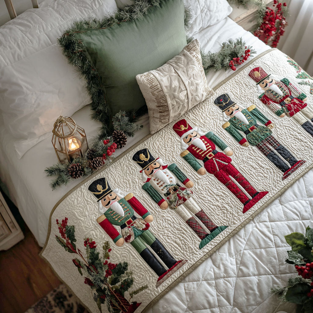 Nutcracker Guard quilted bed runner – red and green nutcrackers among holly