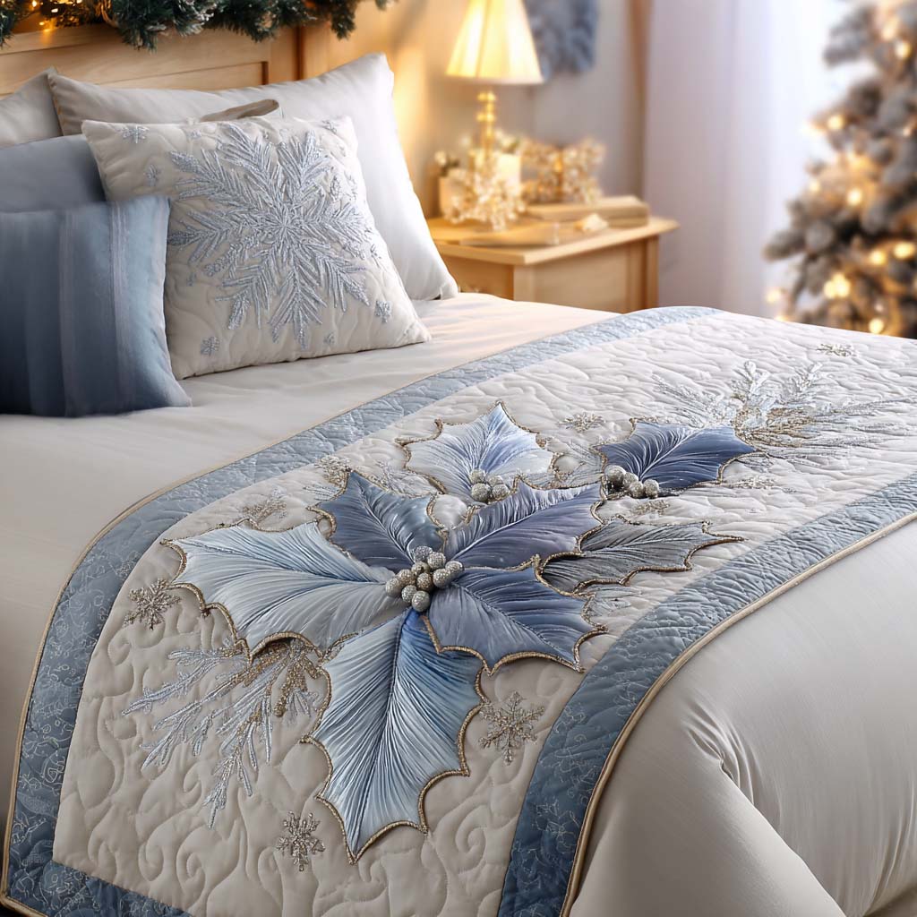 Silver Winter Holly quilted bed runner – silver-blue holly on white
