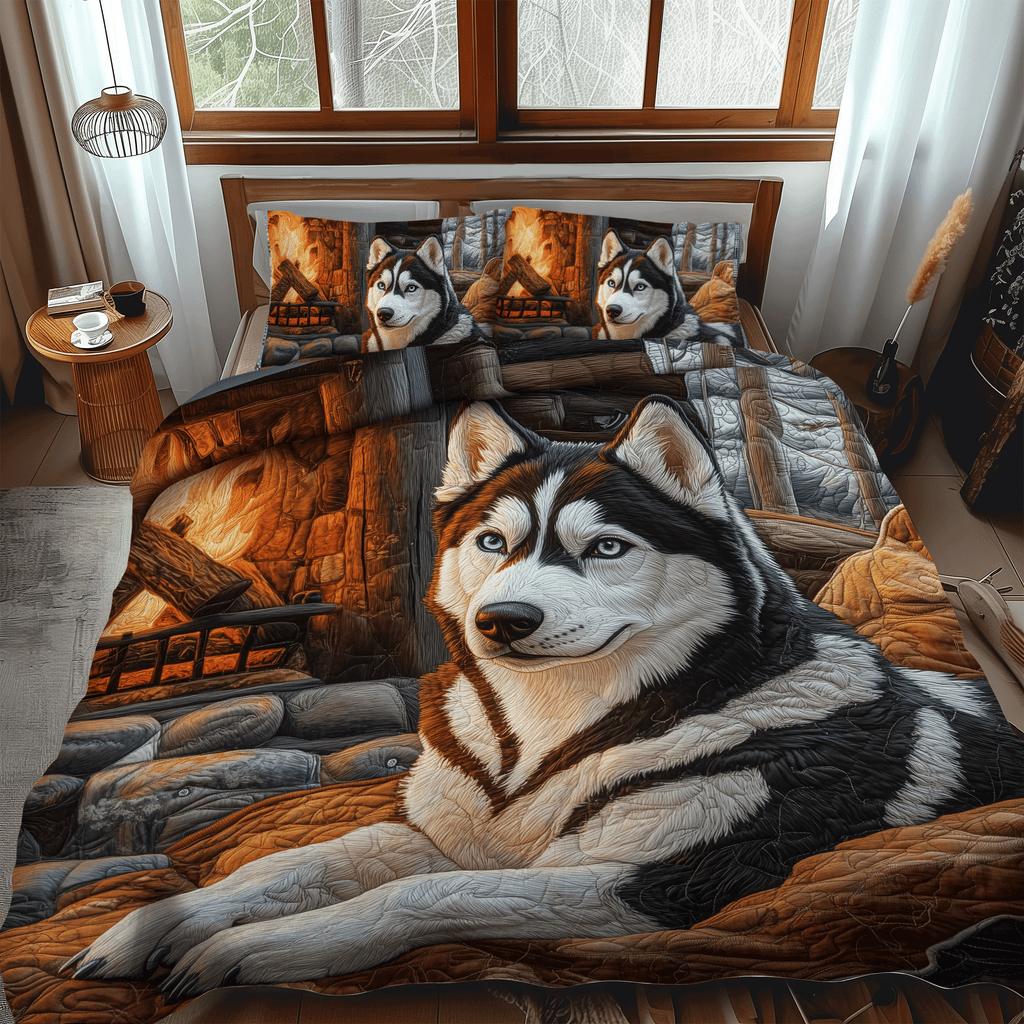 Husky by the Fire quilted bedspread set – husky resting by a glowing fire