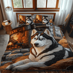 Husky by the Fire quilted bedspread set – husky resting by a glowing fire