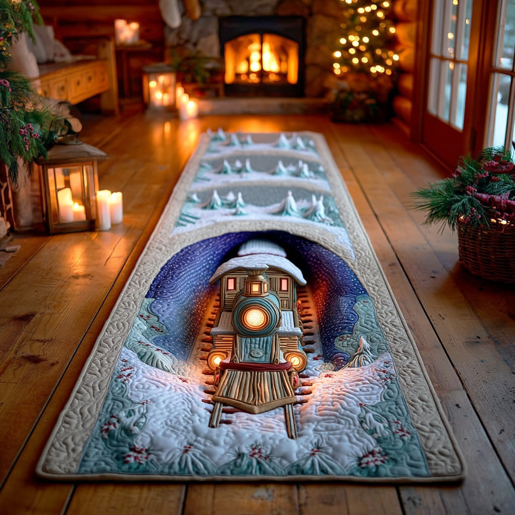 Winter Lantern Locomotive hallway runner – train from a moonlit tunnel