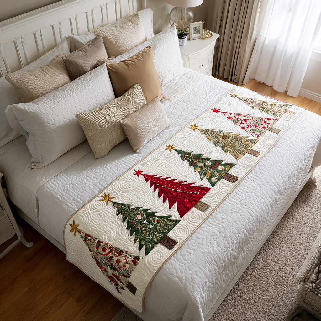 Christmas Tree Trail quilted bed runner – red and green trees trailing on cream