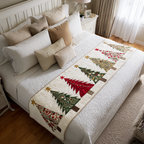 Christmas Tree Trail quilted bed runner – red and green trees trailing on cream