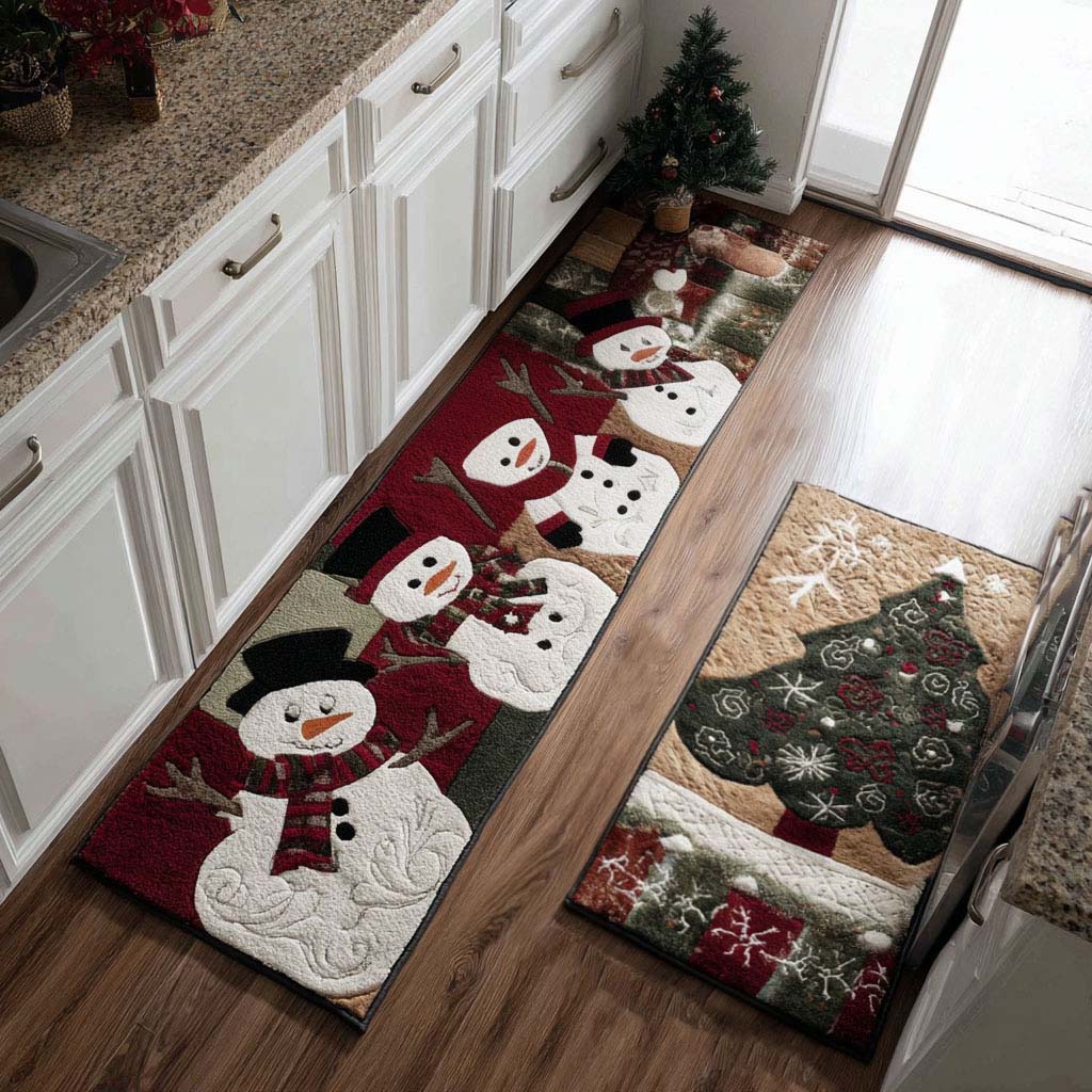 Winter Pal kitchen mat set – snowmen on red