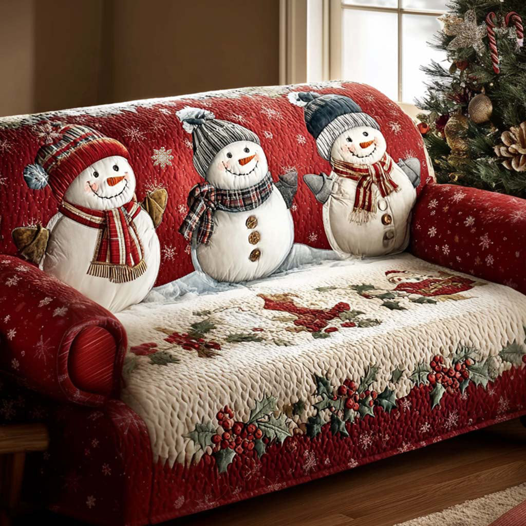 Snowman Red Trio quilted sofa cover – snowmen on rich red