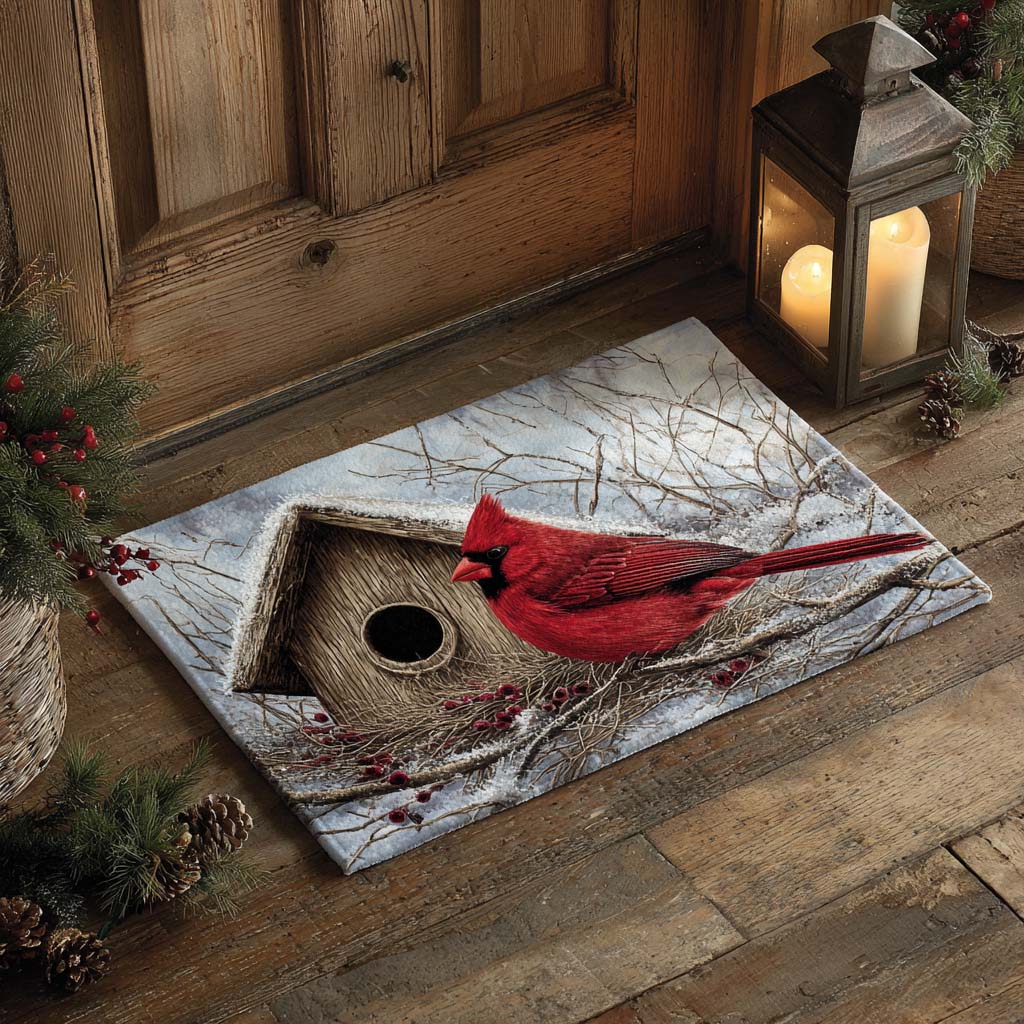 Winter Perch Cardinal doormat – cardinal and birdhouse