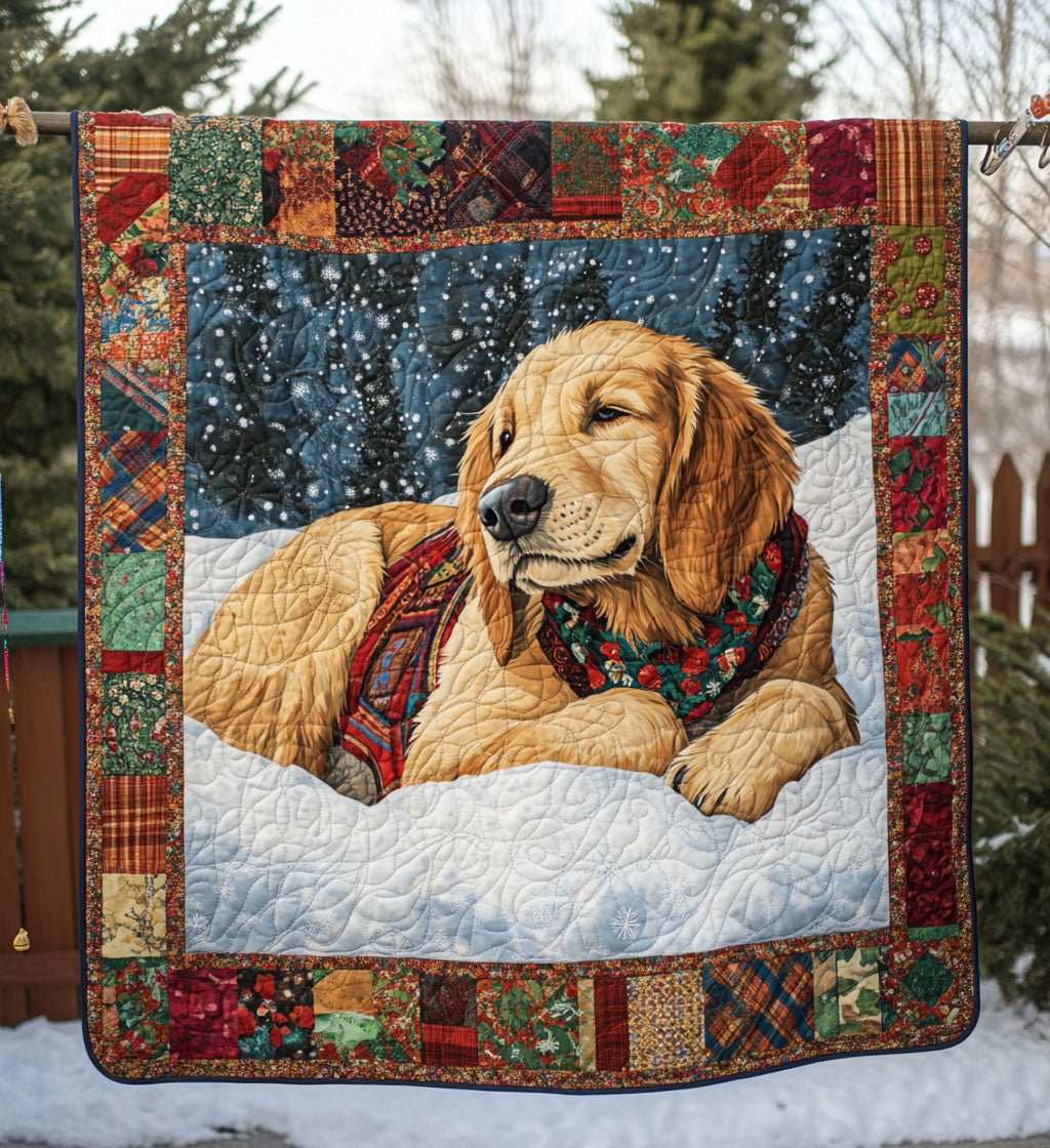 Winter Retriever quilted throw – golden Retriever in a tartan scarf in the snow