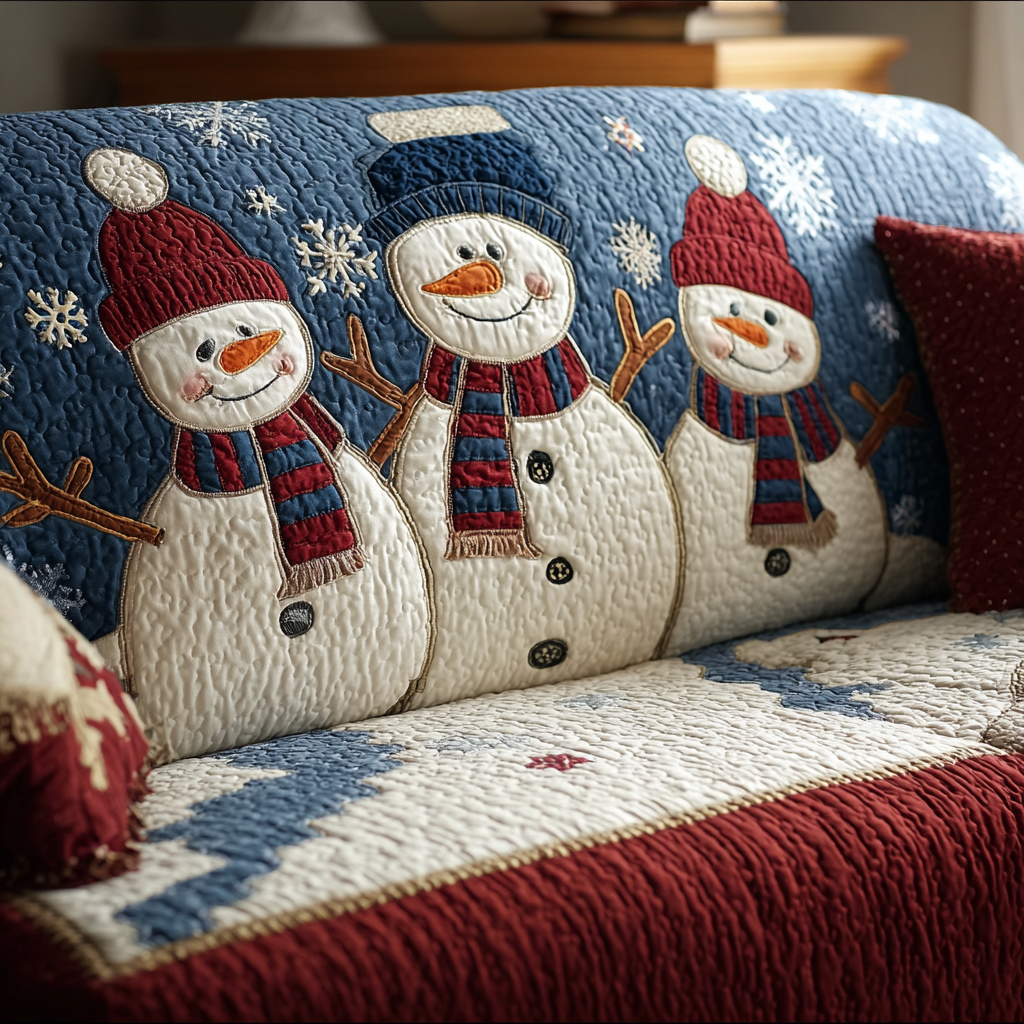 Snowman Snowflake Blue quilted sofa cover – snowmen among snowflakes on blue