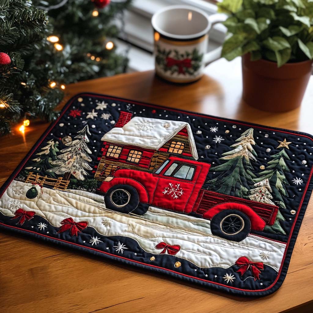 Winter Truck Delight quilted placemats – red truck in the snow