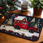 Winter Truck Delight quilted placemats – red truck in the snow
