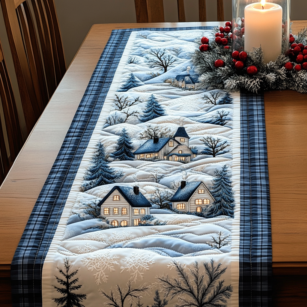 Snowy Cottage Lane quilted table runner – snowy cottages with navy plaid