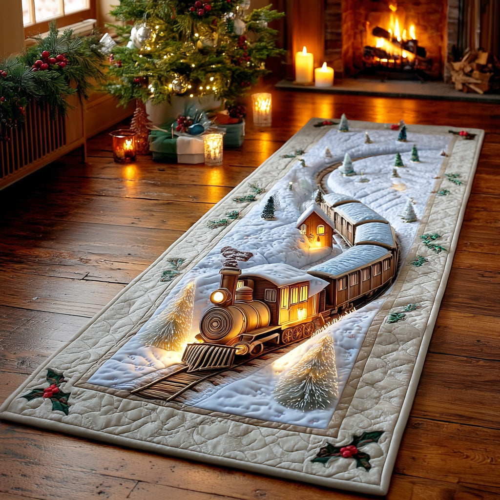 Winter Whistle Trail hallway runner – train through a snowy village