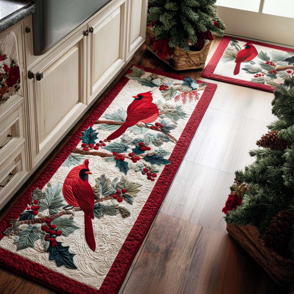 Cardinal Wonderland kitchen mat set – cardinals and holly