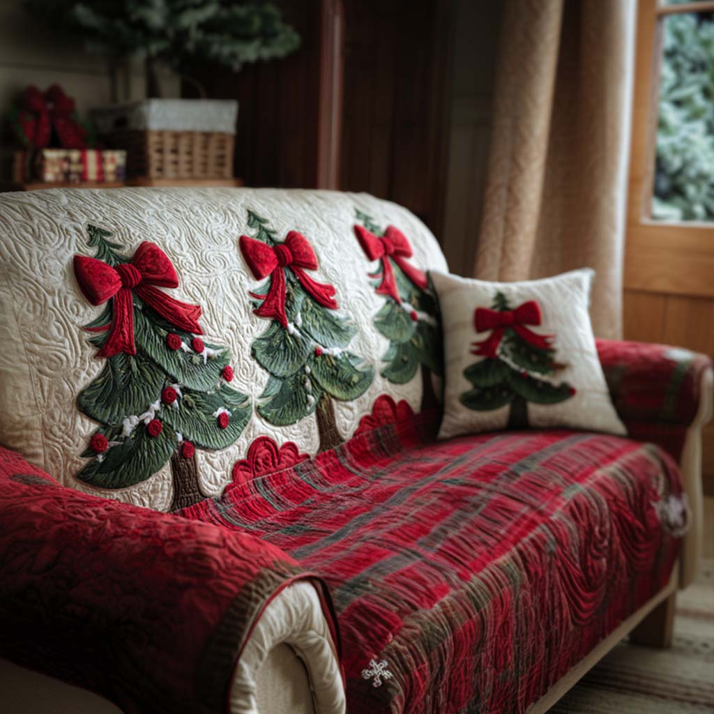 Bows and Pines quilted sofa cover – christmas trees with red bows