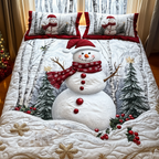 Snowman in the Woods quilted bedspread set – snowman among silver birches on white