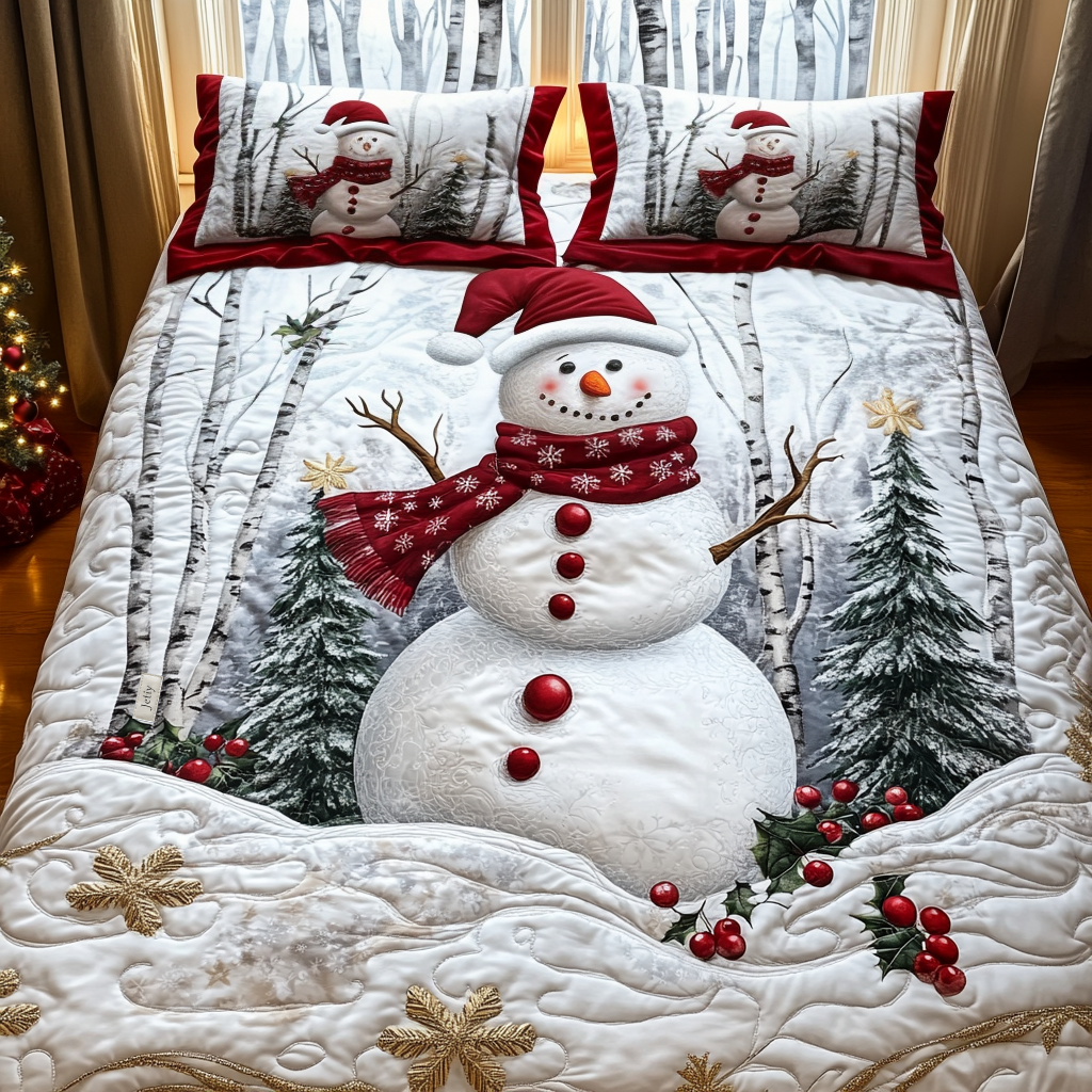 Snowman in the Woods quilted bedspread set – snowman among silver birches on white