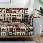 Winter Lodge Print quilted sofa cover – reindeer, trucks and pines in rows