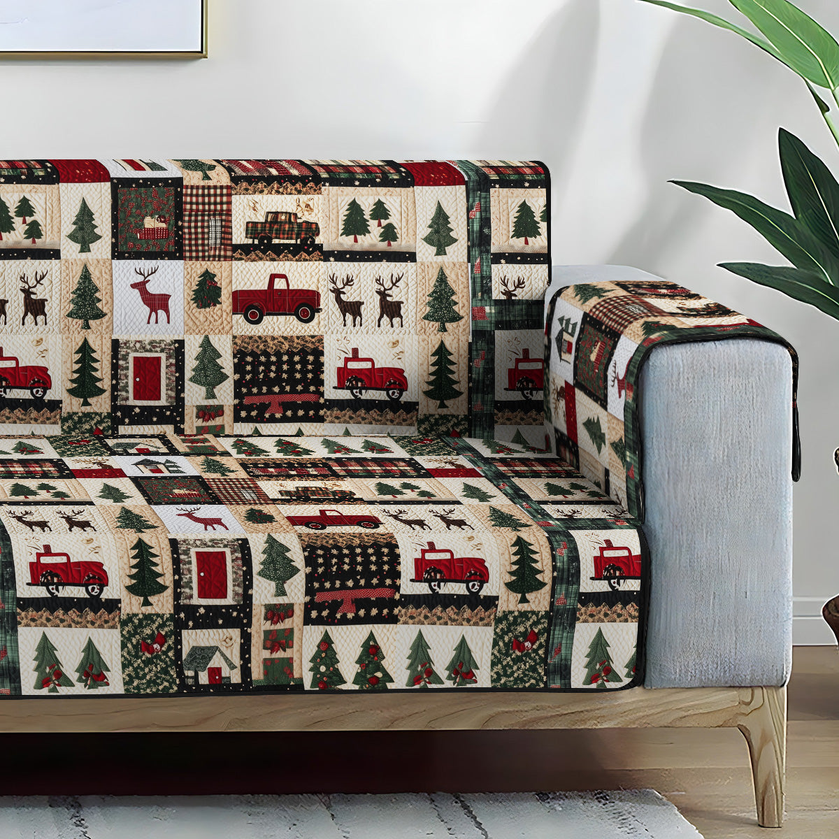 Winter Lodge Print quilted sofa cover – reindeer, trucks and pines in rows