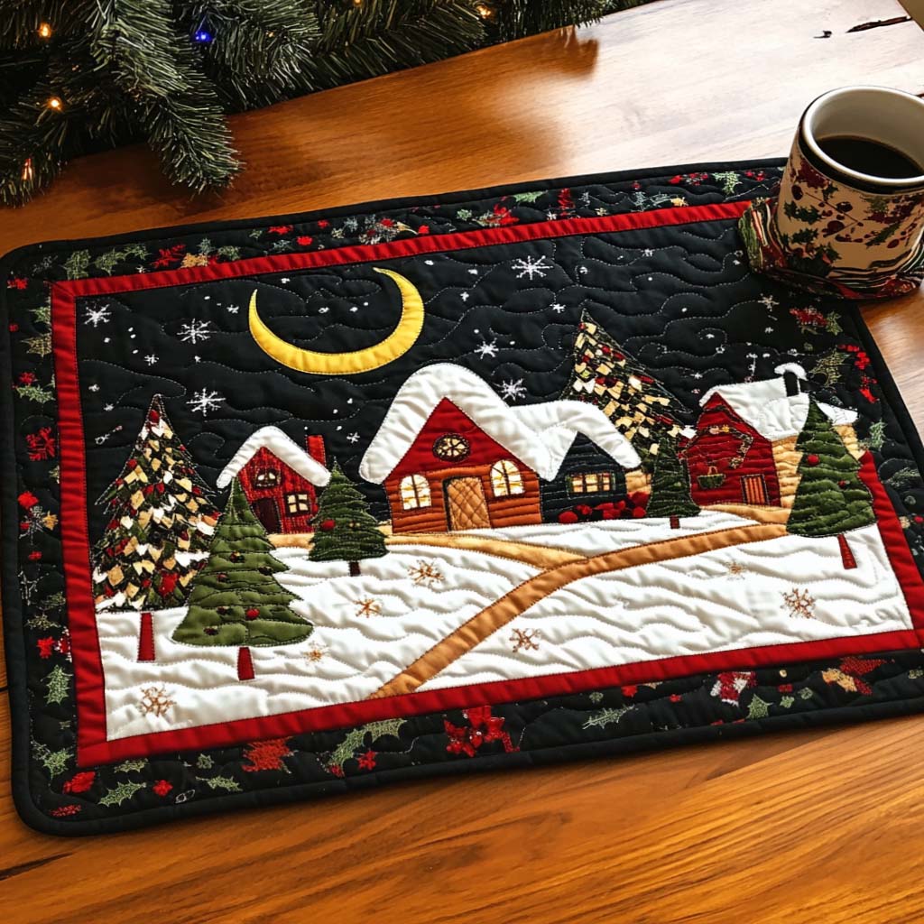Winter Wonderland Village quilted placemats – cottages under the moon