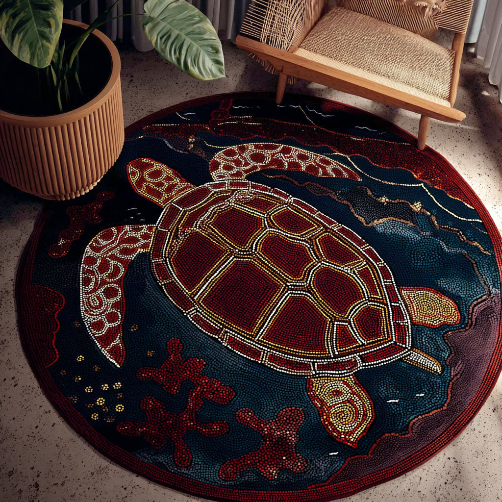 Wise Voyager round rug – red turtle on navy