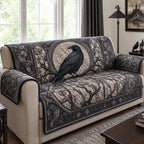 Raven Moon quilted sofa cover with a raven on a bare branch inside a pale full moon in charcoal and ivory