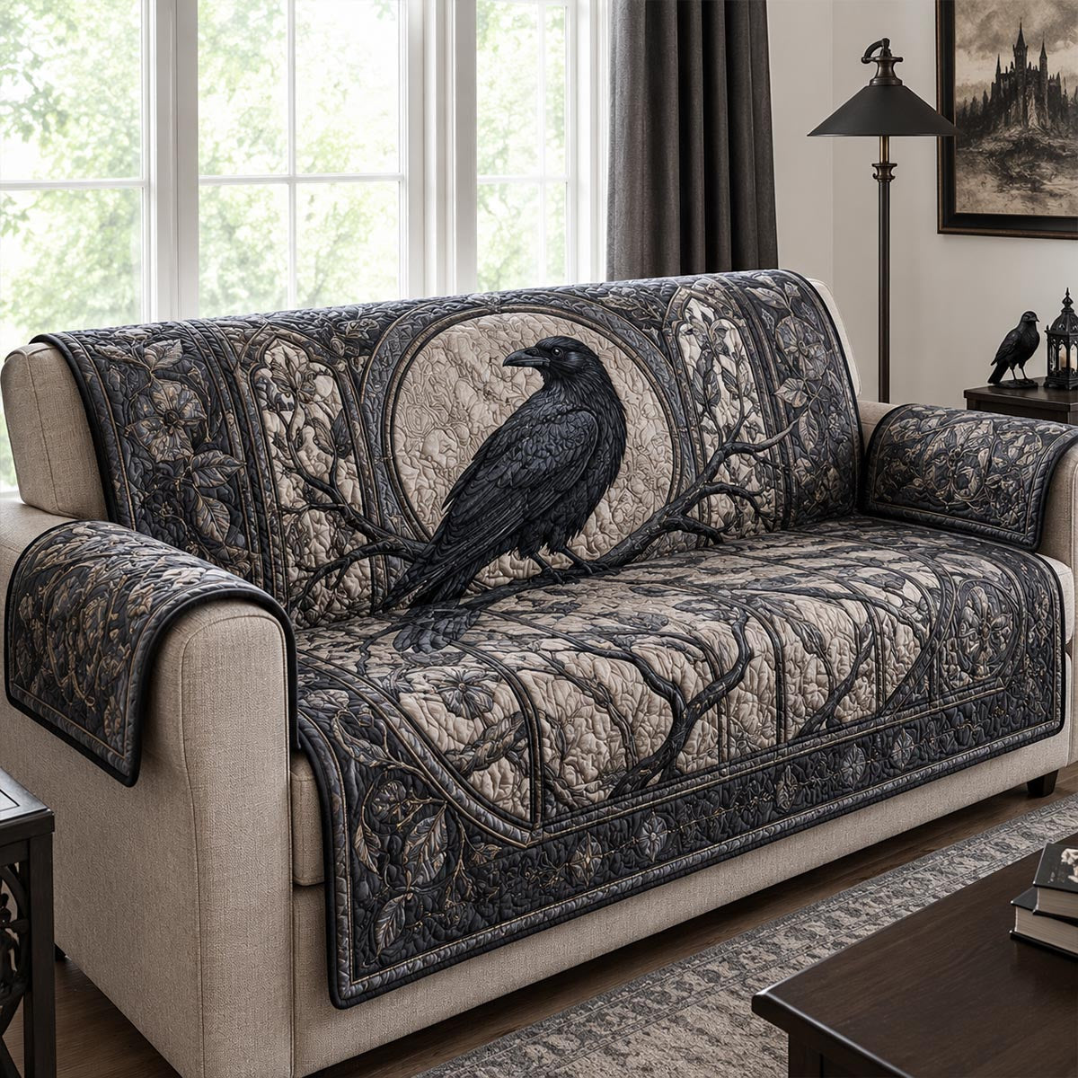 Raven Moon quilted sofa cover with a raven on a bare branch inside a pale full moon in charcoal and ivory