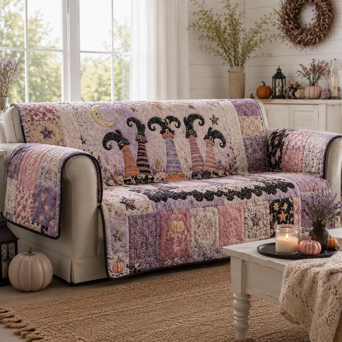 Witch Boots Garden quilted sofa cover with striped stockings in pointed witch boots on lilac patchwork with gold stars and black cats