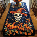 Skull and Jack-o'-Lanterns quilted table runner – skull in a witch hat with pumpkins