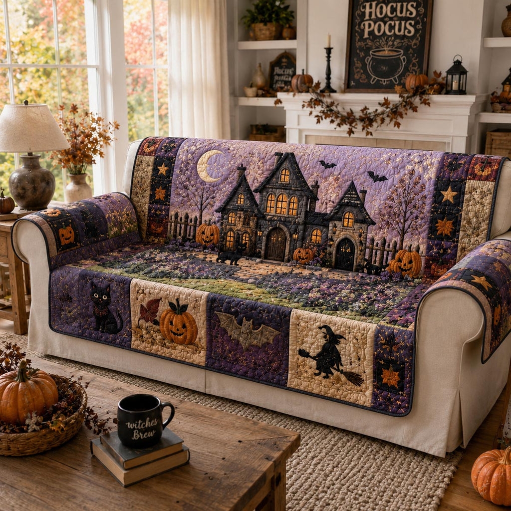 Witching Village quilted sofa cover with a lamplit crooked house, crescent moon, pumpkins, black cat and witch on a broom in plum and violet