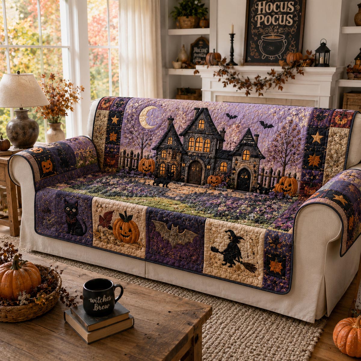 Witching Village quilted sofa cover with a lamplit crooked house, crescent moon, pumpkins, black cat and witch on a broom in plum and violet