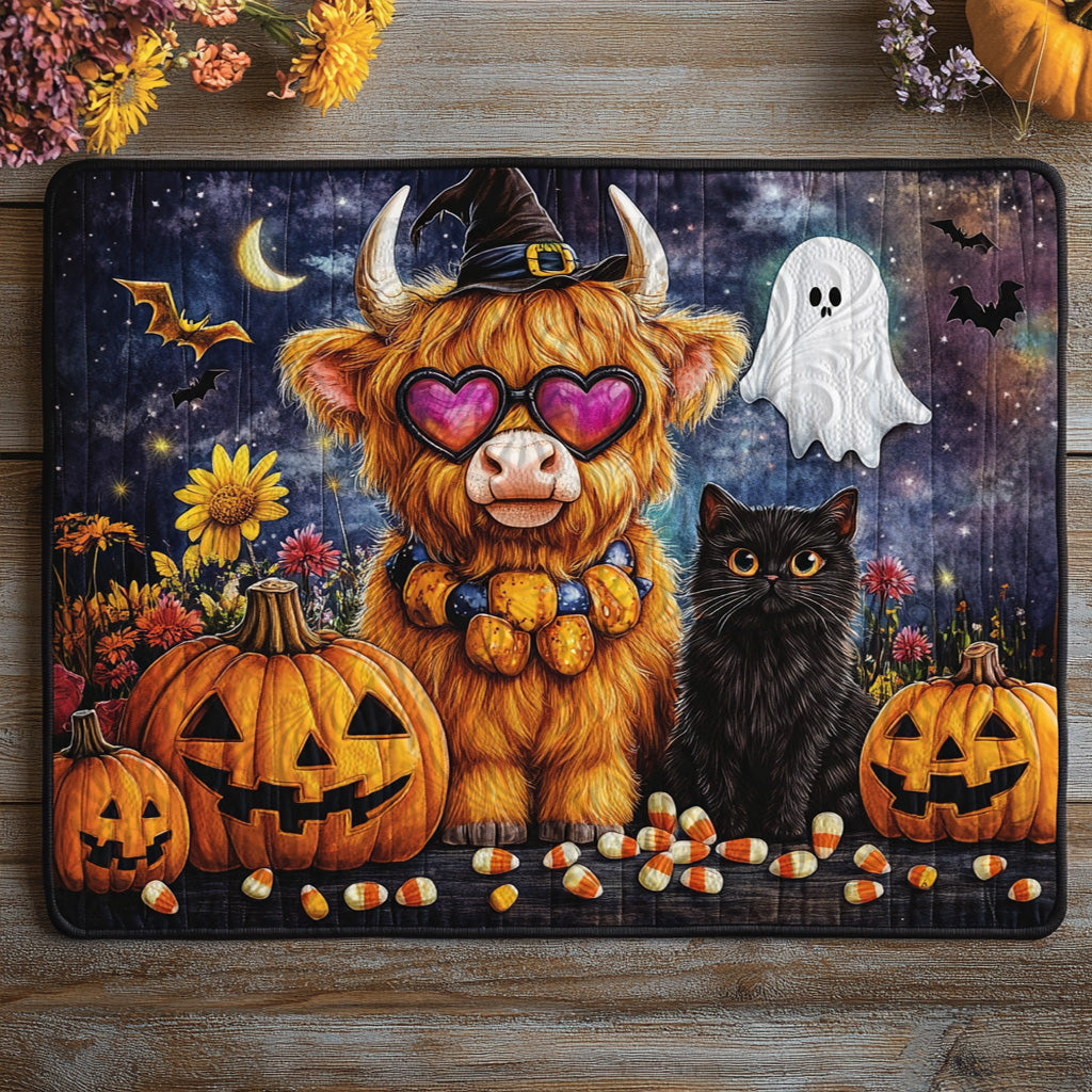 Witchy Highland Cow quilted placemats – highland cow in witch hat