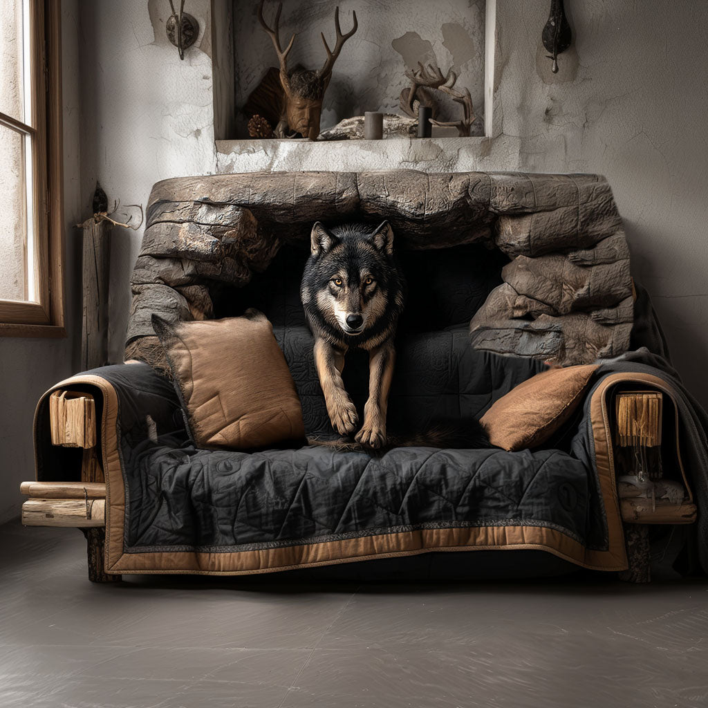 Wolf's Den quilted sofa cover – wolf in a rocky den