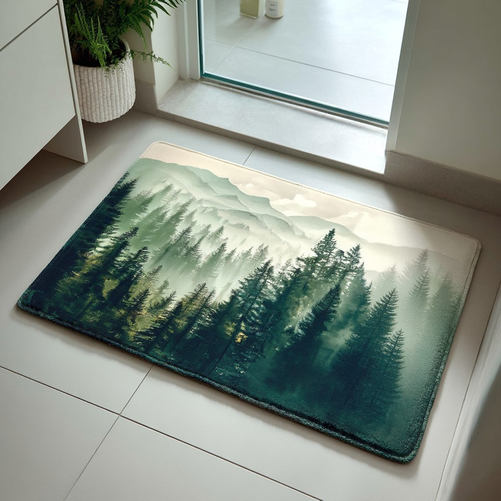 Woodland Echo doormat – misty pine forest