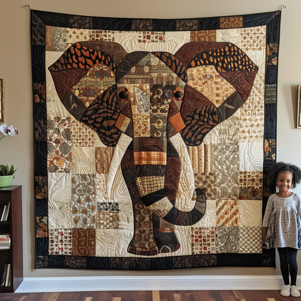 Patchwork Elephant Portrait quilted throw – elephant in brown and cream patchwork