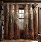 Carved Pine Forest quilted curtains – brown quilted pines and mountains