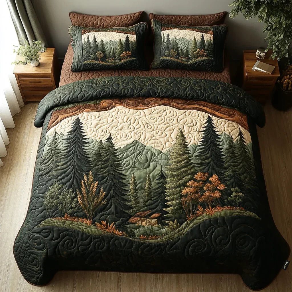 Quilted bedspread set with tall pines, ferns, foxes and deer in moss green and bark brown, the Woodland Walk design